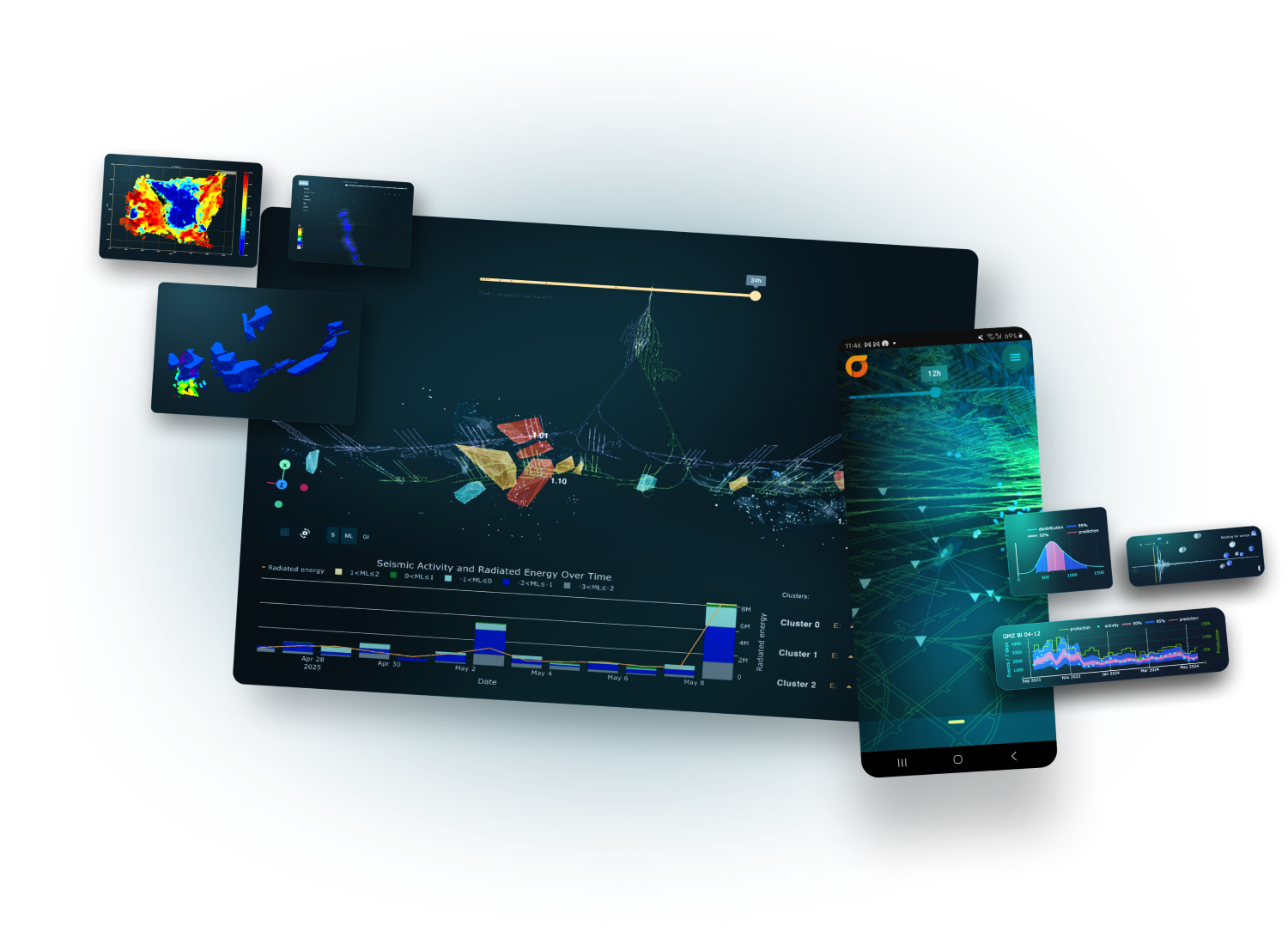 Advanced seismic processing technology showcased on desktop and mobile format including 3D models, analytics, and event localization