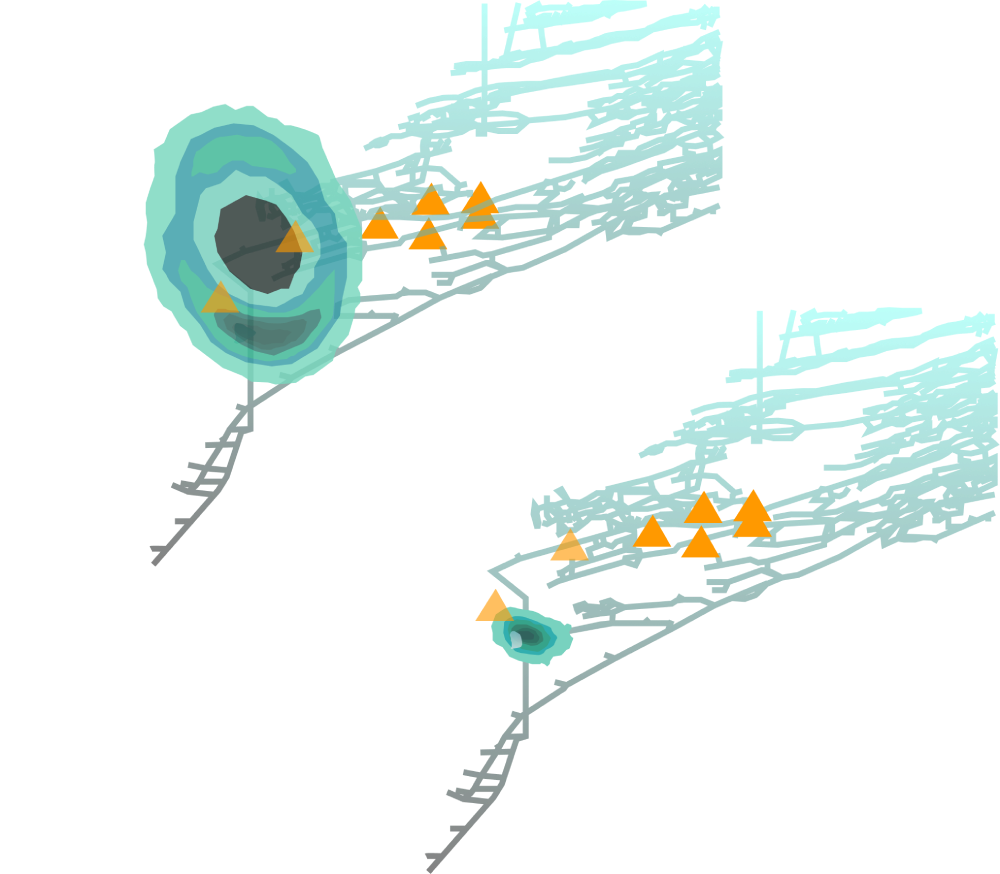 A graphic with 2 mine models, both showcasing sensors and an event. Mine above ("Before") has more scattered localization while the mine below ("After") displays a more precise, narrowed down localization